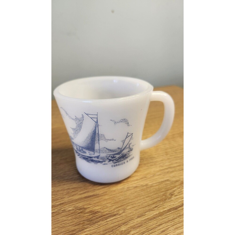 Vintage Milk Glass and Blue Yachting Boating Coffee Cup Mug Currier & Ives